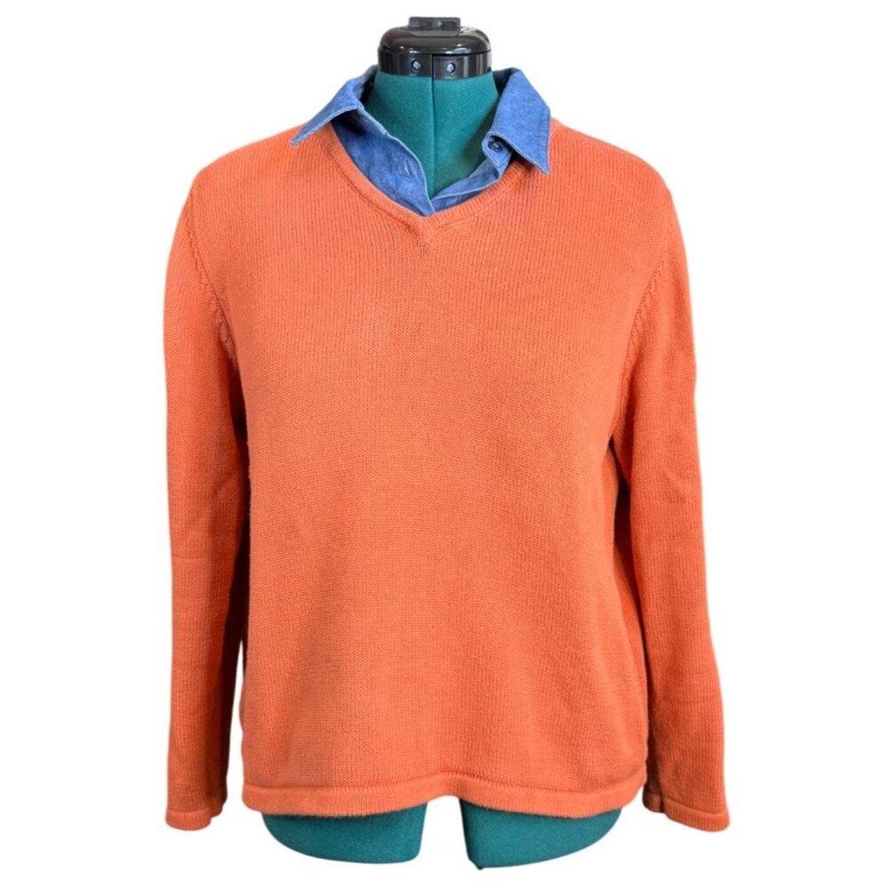 Breckenridge Womens V-Neck Orange Cotton Sweater with Jean Material Collar Large